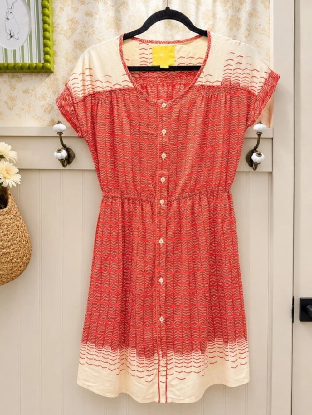 Maeve Anthropologie Red & Cream Button Front Dress | Small